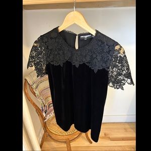 Karl Lagerfeld Black Velvet Top with Lace Sleeves, Size Small, dress up or down!